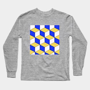 Blue Yellow 3D-Look Cubism Geometric Pattern Long Sleeve T-Shirt